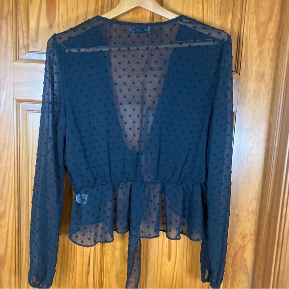 Nasty Gal Black Swiss Dot Sheer Tie Front Long Sleeve Crop Peplum Blouse - Picture 7 of 7